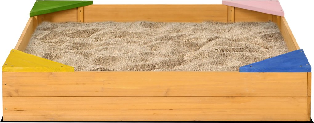 Outsunny Gyermek Fa Homokozó 3-8 Éves Gyerekeknek, Szögletes Formájú, 4 Ülőhellyel és Nem Szőtt Anyaggal, Kertbe, Teraszra 109x109x19.8 cm Természetes