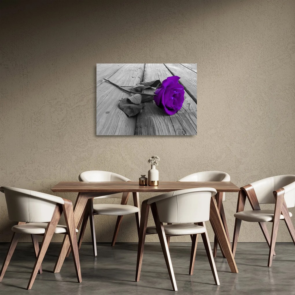 Üveg kép - Lila rózsa zöld szárral (70x50 cm)