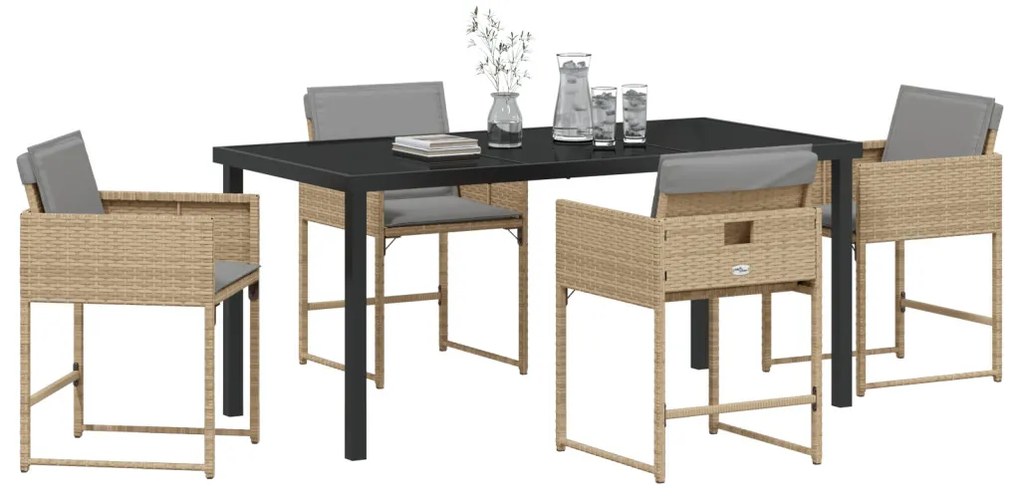 5 Darabos Kert Étkezőszett Párnákkal Bézs Poly Rattan, Kert Asztal Fekete 160x80x73 cm Edzett Üveg