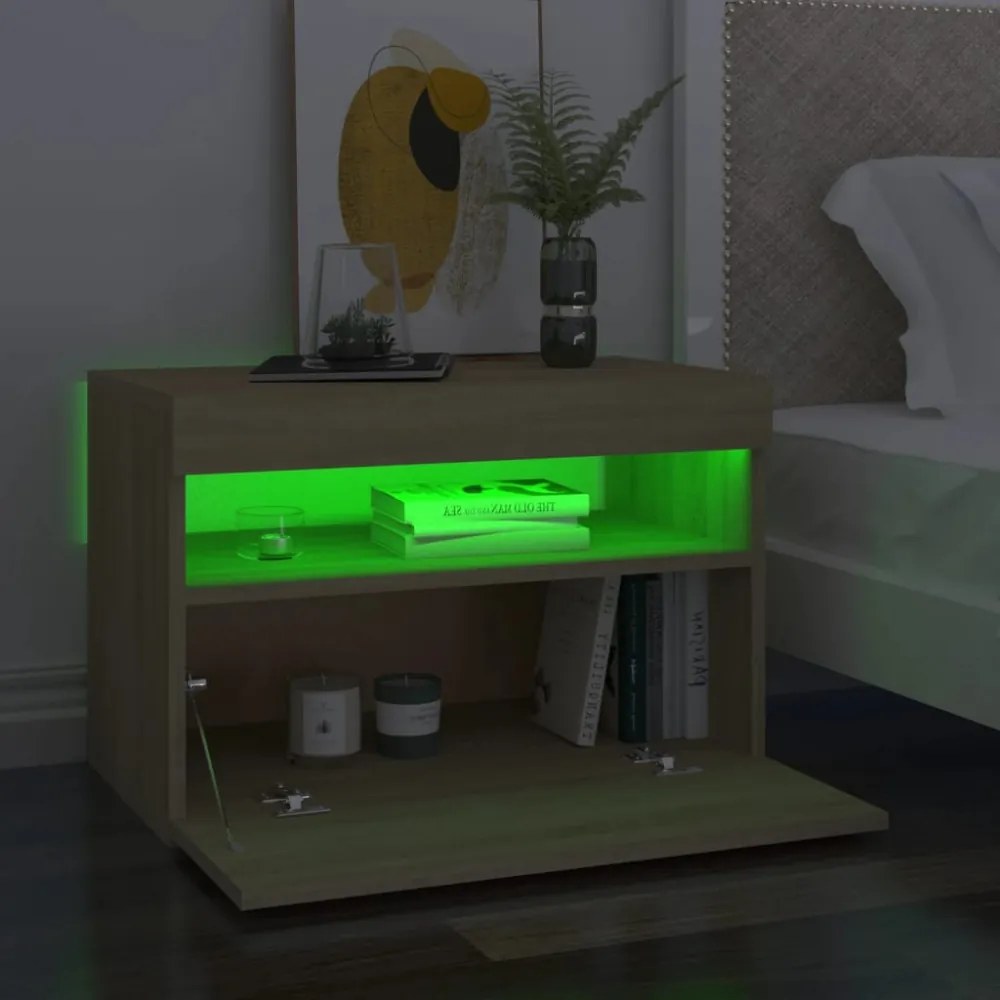2 db sonoma tölgyszínű éjjeliszekrény LED-lámpákkal 60x35x40 cm