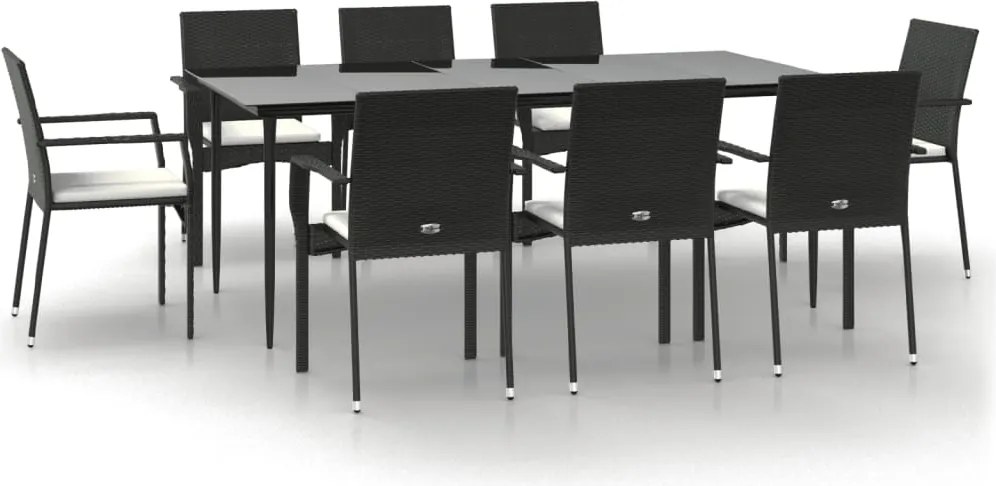 vidaXL 9 részes fekete polyrattan kerti étkezőgarnitúra párnákkal