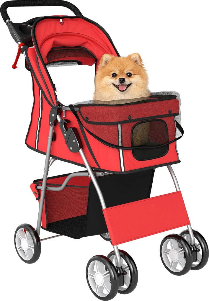 PawHut összecsukható kisállat-babakocsi kis kutyáknak és macskáknak — max. 10 kg, 360° forgatható kerekek, fékek, fényvisszaverő csíkok, tárolókosár,