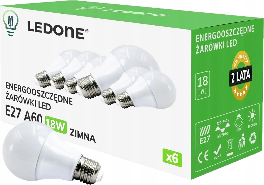 6x Led izzó E27 A60 18W Hideg fehér Prémium Led szett
