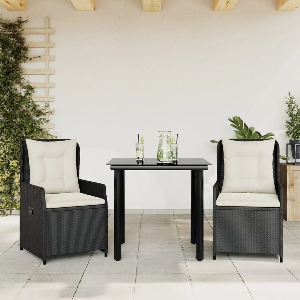 3 részes fekete polyrattan kerti étkezőgarnitúra párnákkal