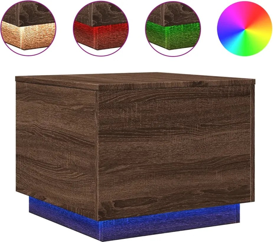 vidaXL barna tölgyszínű dohányzóasztal LED-lámpákkal 50 x 50 x 40 cm