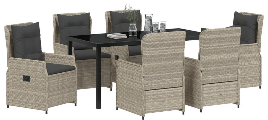 7 Darabos Kerti Étkező Szett Világosszürke Polirattan, Kerti Asztal Fekete 160x80x73 cm Edzett Üveg