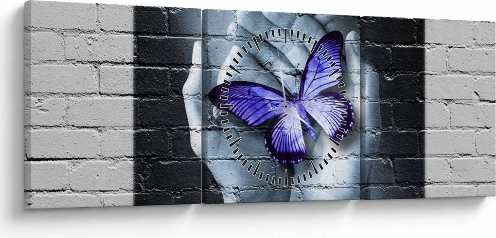 Kép - Lila pillangó a falon (órával) (90x30 cm)