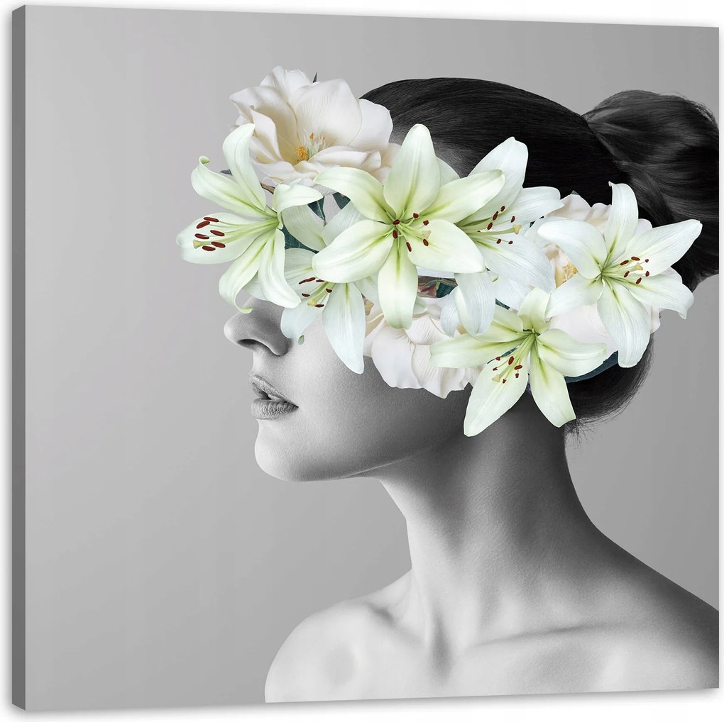 Vászonkép Fekete-fehér Nő Virágok 40X40 cm Ideális ajándék
