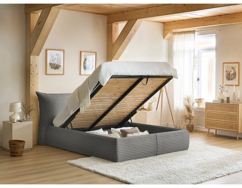 Szürke kárpitozott ágyneműtartós franciaágy ágyráccsal 180x200 cm Jade – Bobochic Paris