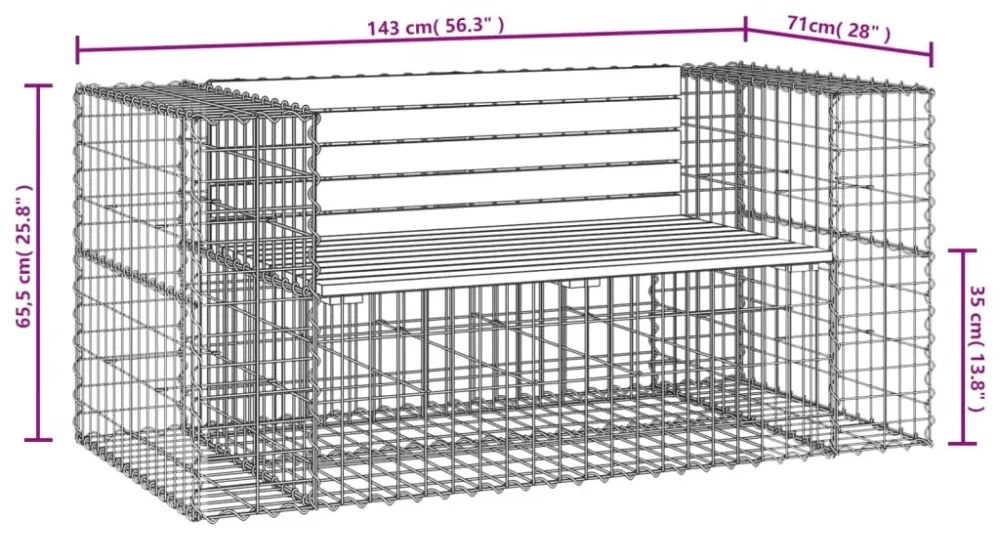 tömör impregnált fenyőfa gabion kerti pad 143x71x65,5 cm