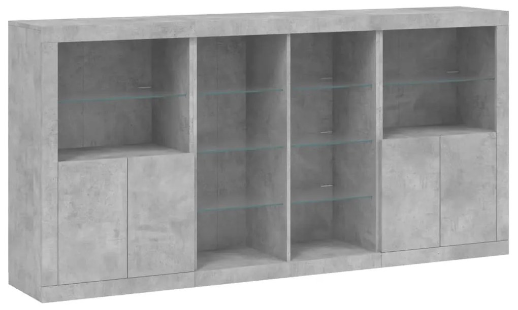 betonszürke tálalószekrény LED-világítással 202 x 37 x 100 cm