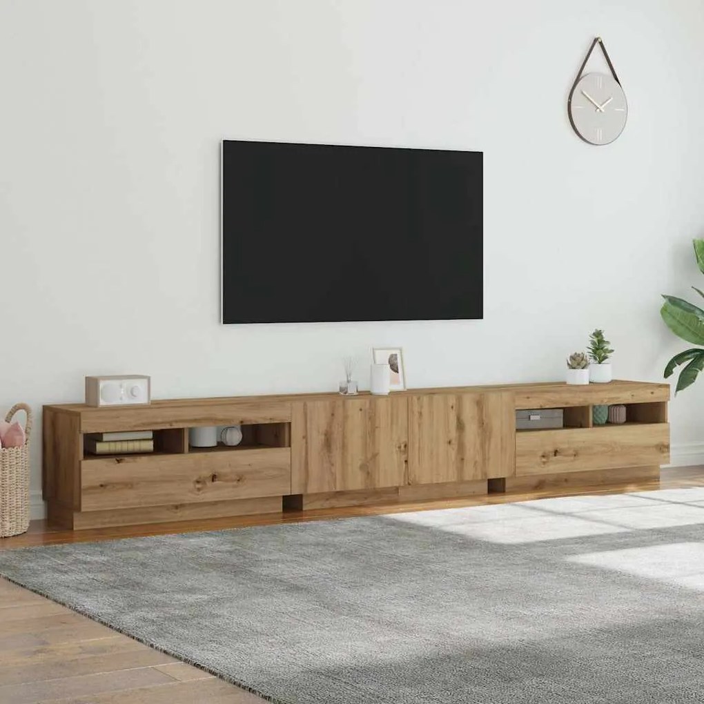 kézműves tölgy szerelt fa TV-szekrény LED-ekkel 260x35x40 cm