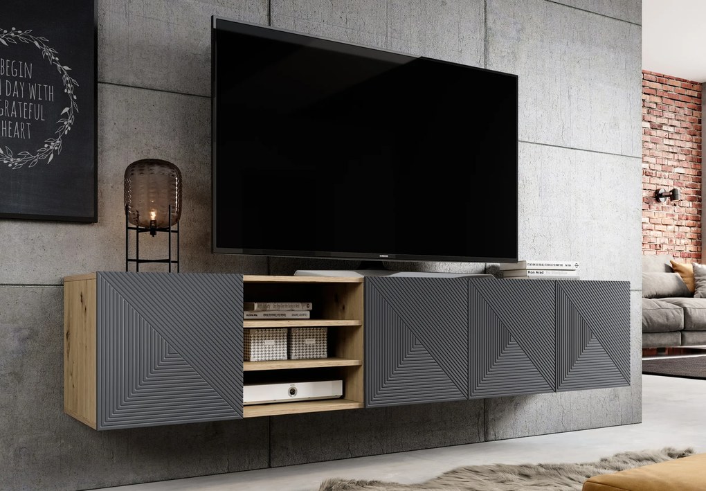 Asha függesztett TV szekrény 200 cm riflázott frontokkal, nyitott fülkével – artisan tölgy / rivier stone matt