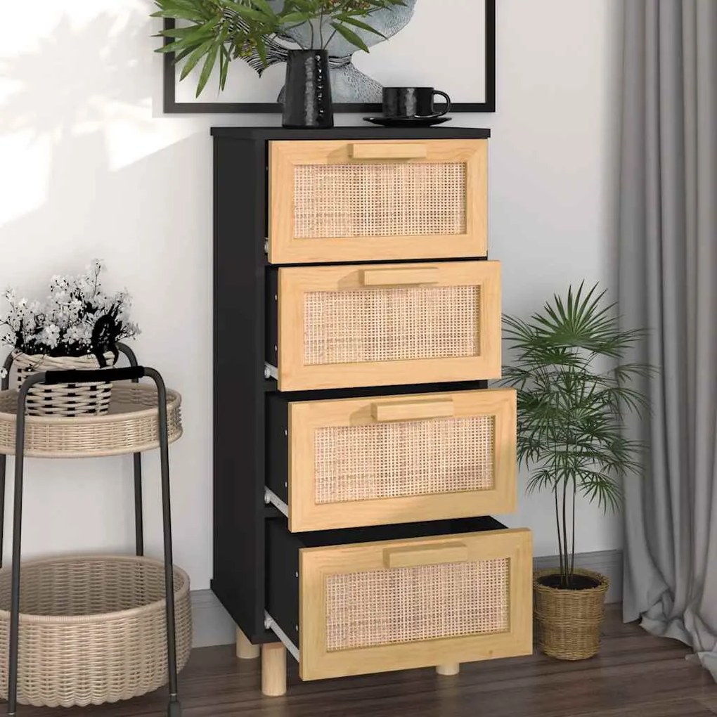 fekete tömör fenyő/természetes rattan tálalószekrény 40x30x90cm