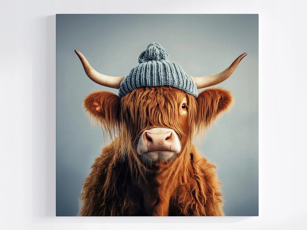 Vászonkép Canvas Skót Tehén Highland Portré Sapka Tél 80x80