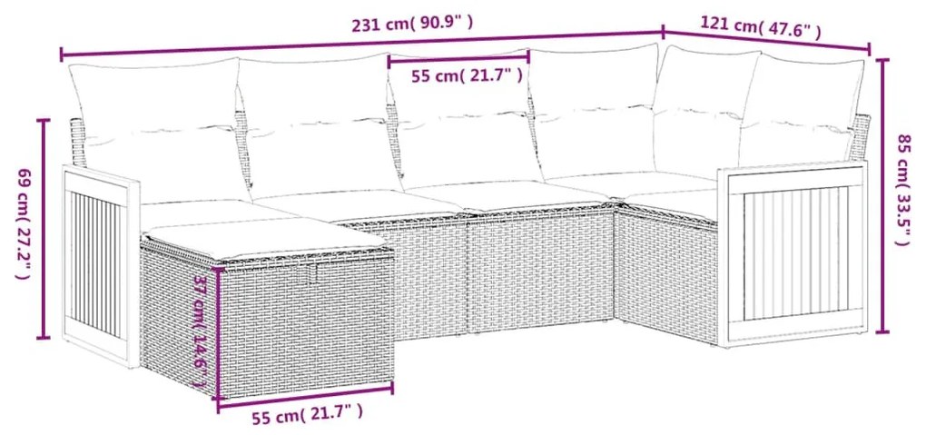 6 részes fekete polyrattan kerti ülőgarnitúra párnákkal