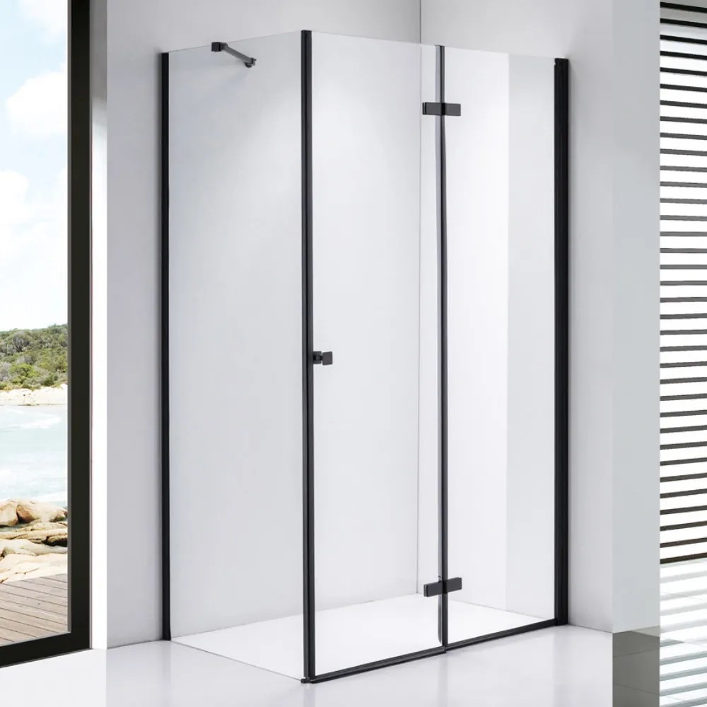 Stuxi Verona Black 110x90 aszimmetrikus csuklóajtós zuhanykabin 6 mm vízlepergető biztonsági üveggel, fekete