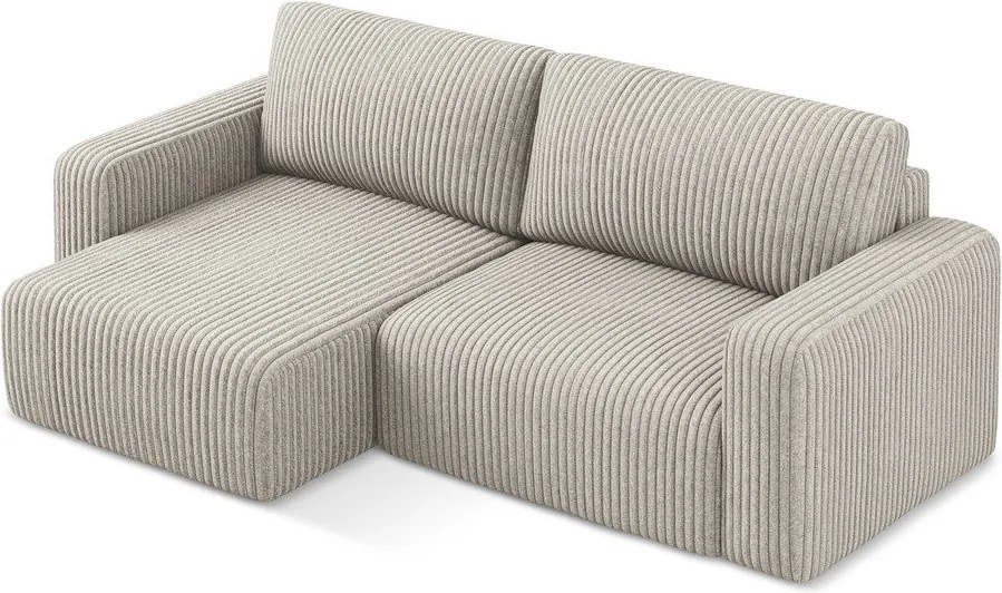 Bézs kordbársony kinyitható-tárolóhelyes sarokkanapé (bal oldali-heverő résszel) Kona – Makamii