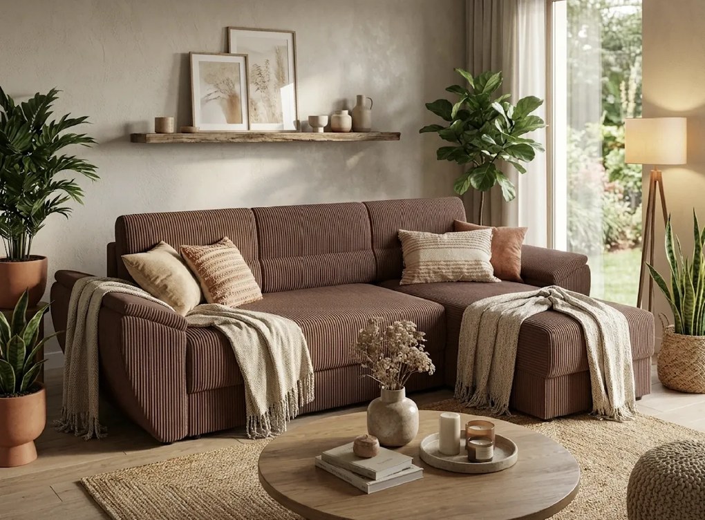 Kihúzható, kétoldalas L alakú ülőgarnitúra TAVERO 251x140 cm, sötétrózsaszín