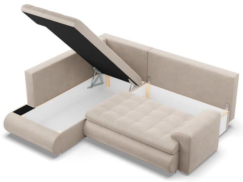 Tokio sarokkanapé, L alakú háttámlával, 2 ágyneműtartóval, bársony, baloldali, bézs