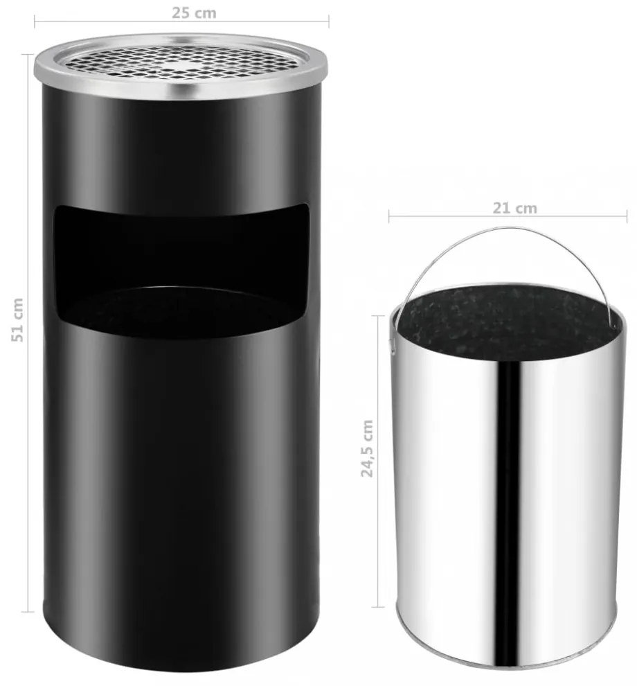 fekete acél fali szemeteskuka hamutartóval 26 liter
