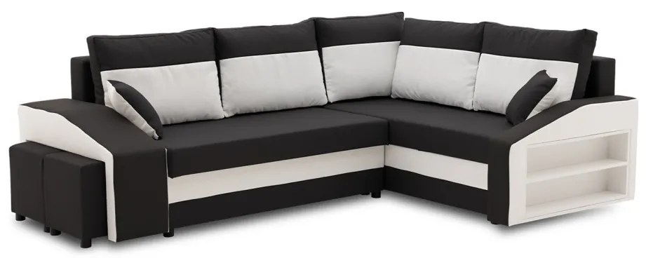 Grande sarokkanapé polcokkal és puffokkal , polc a jobb karfaban puffok a bal karfaban, jobboldali, szövet anyag, hab töltet, fekete - fehér