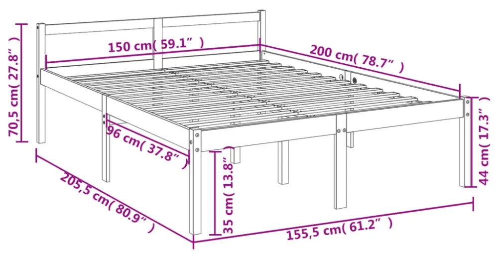 King Size fekete tömör fenyőfa ágy időseknek 150 x 200 cm
