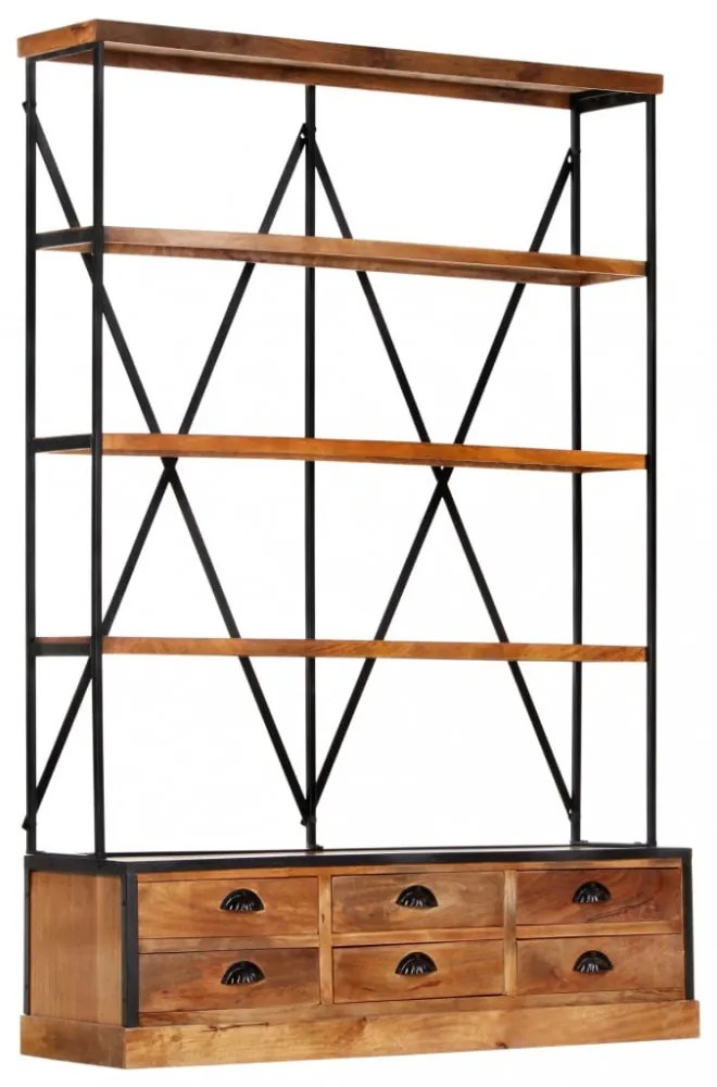 4-szintes tömör mangófa könyvespolc 6 fiókkal 122 x 36 x 181 cm