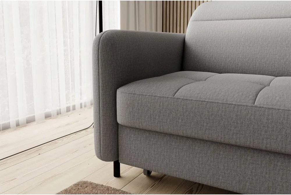 Szürke bársony kinyitható-tárolóhelyes sarokkanapé (jobb oldali-heverő résszel) Gomsi – ELTAP