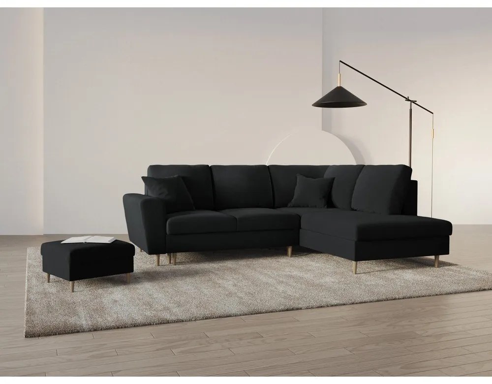 Fekete bársony kinyitható tárolóhelyes sarokkanapé (jobb oldali-L alakú) Kyoto – Cosmopolitan Design