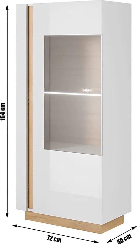 Vitrines szekrény 72, fehér/tölgy grandson/magasfényű fehér, CITY