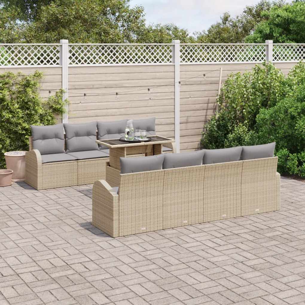 9 darabos kertikanapé szett párnákkal beige poli rattan