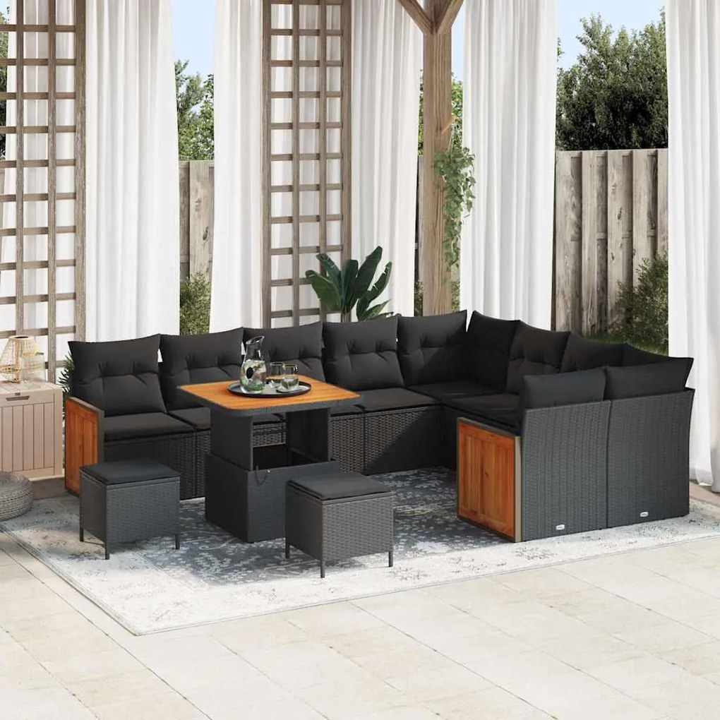 Kerti Kanapé Szett 12 pcs Fekete 80 x 80 x 71 cm polirattan
