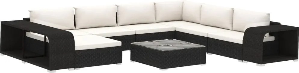 vidaXL 10-részes fekete polyrattan kerti bútorszett párnákkal