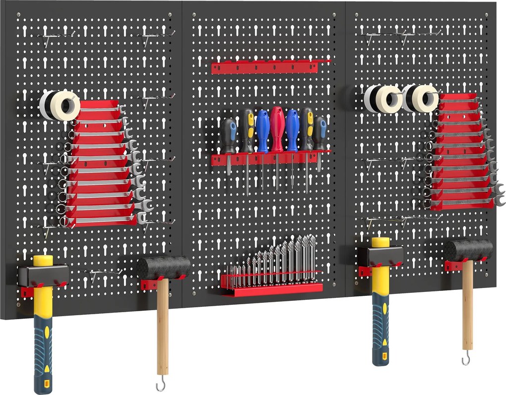 HOMCOM fali szerszámtároló rendszer 60 x 40 cm, 28 részes szerszámtartó akasztókkal és rekeszekkel, fekete/piros | Aosom