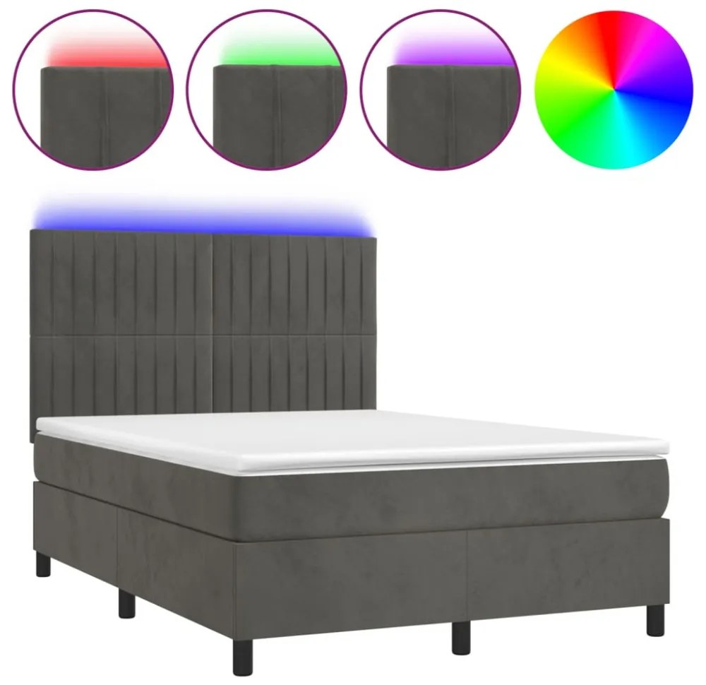 sötétszürke bársony rugós és LED-es ágy matraccal 140x190 cm