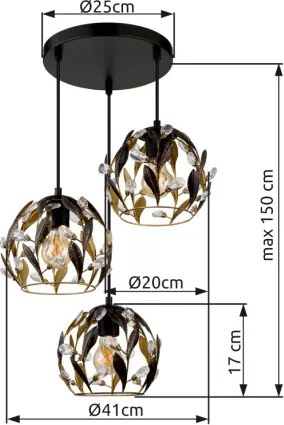 Globo 15759-3HR Függőlámpa, fekete matt fém, aranyszínű fém, fekete patinázott, tiszta akrilkristályok, fekete PVC kábel, ø: 410mm, M: 1500mm, 3x E27 40W 230V izzók nélkül
