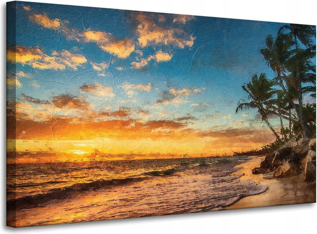 Vászonkép Tengerpart naplemente pálmafák égbolt 100x60 cm
