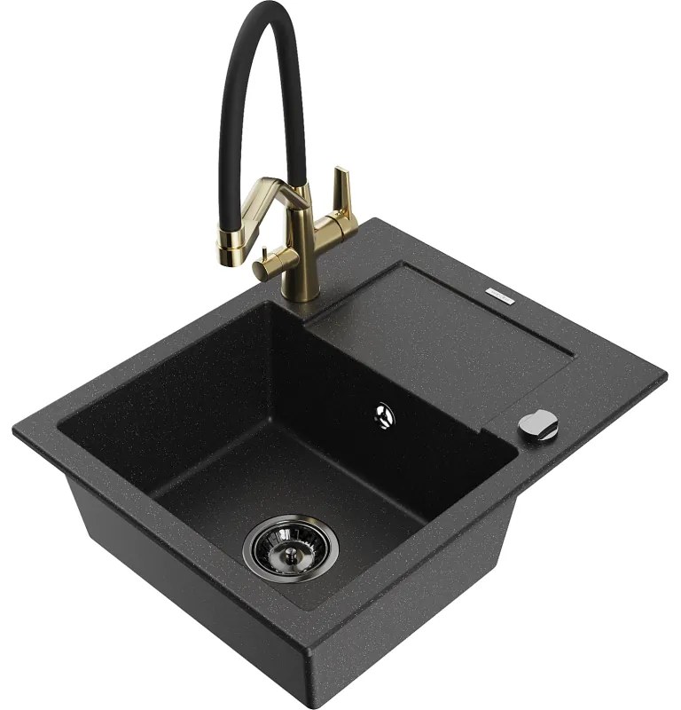 Mexen Enzo egymedencés gránit mosogató csepegtetővel és Duo konyhai csapteleppel, fekete/ezüst metál - 6506-73-671701-57-B