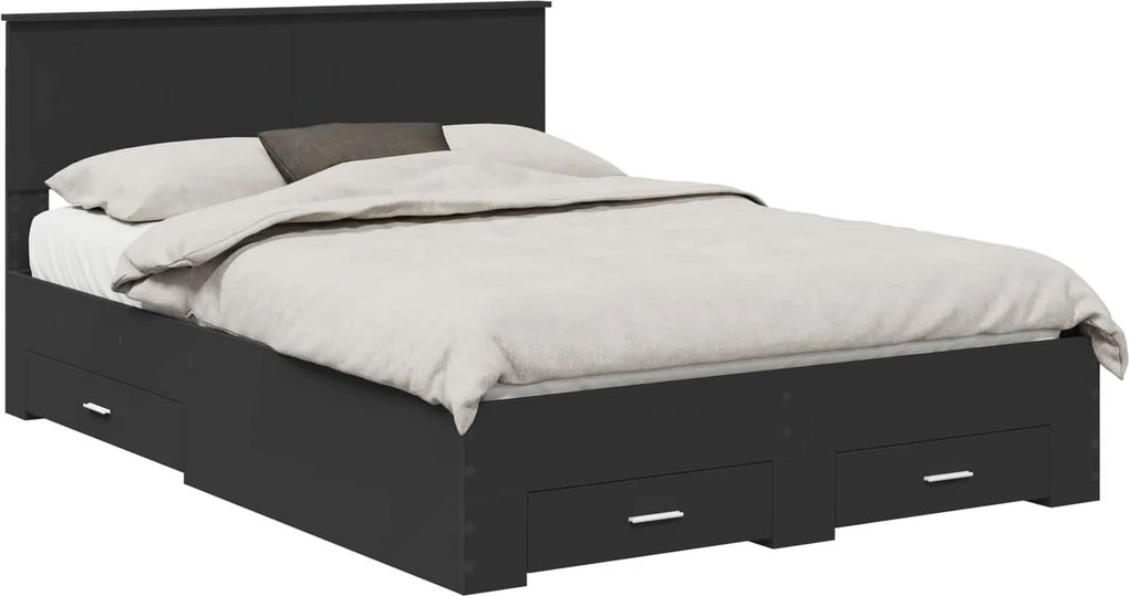 vidaXL Ágykeret fejtámlával fiókkal Fekete 135 x 190 cm Faanyag