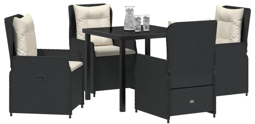 5 darabos kert étkező szett fekete polirattan, asztal fekete 80x80x73 cm edzett üvegből
