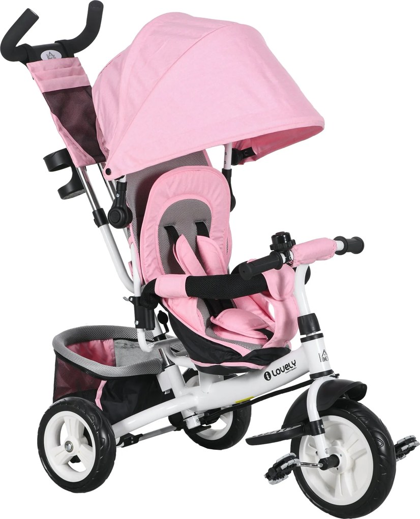 HOMCOM Gyerek Tricikli Evolúciós Tricikli Ülés Napernyővel, Kihajtható és Leválasztható Szülői Fogantyúval, Anyuka Táskával és Pohártartóval 102x49x10