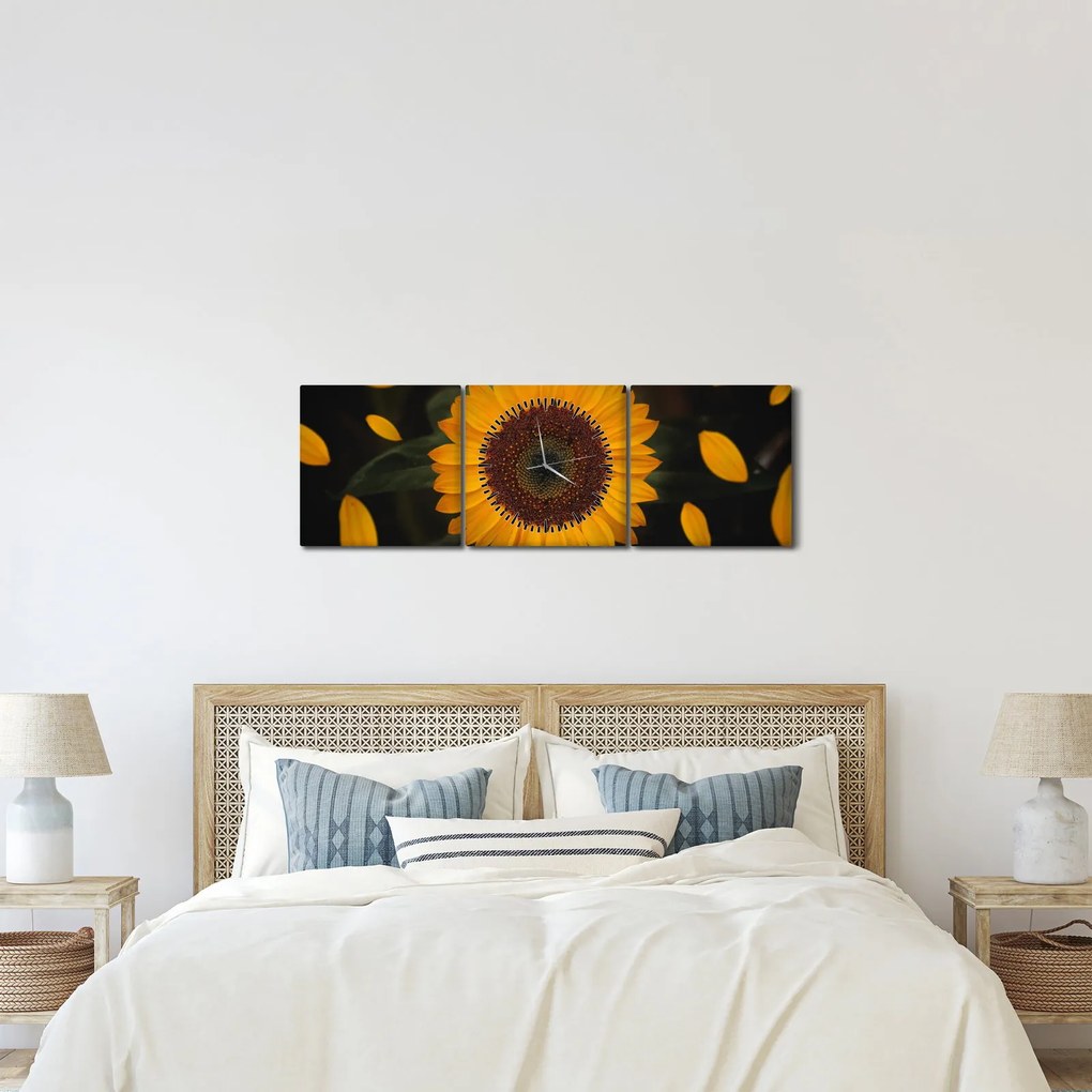 Kép - Napraforgók és a virágszirmok (órával) (90x30 cm)