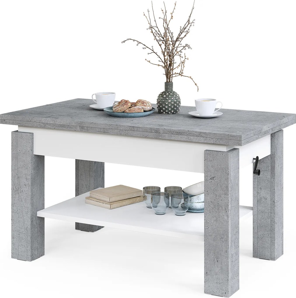 Mazzoni BRAWO Millenium Beton/Fehér - NYITHATÓ/MAGASÍTHATÓ DOHÁNYZÓASZTAL POLCCAL ÉTKEZŐASZTALKÉNT IS HASZNÁLHATÓ