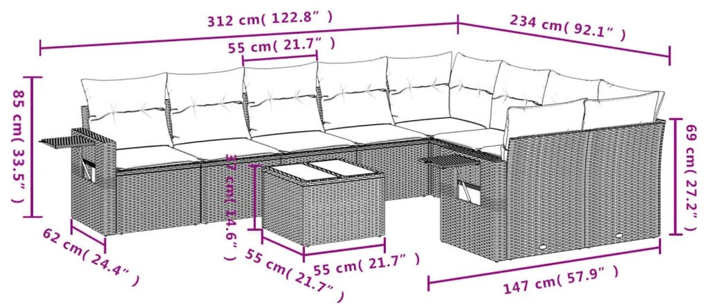 10 részes fekete polyrattan kerti ülőgarnitúra párnákkal