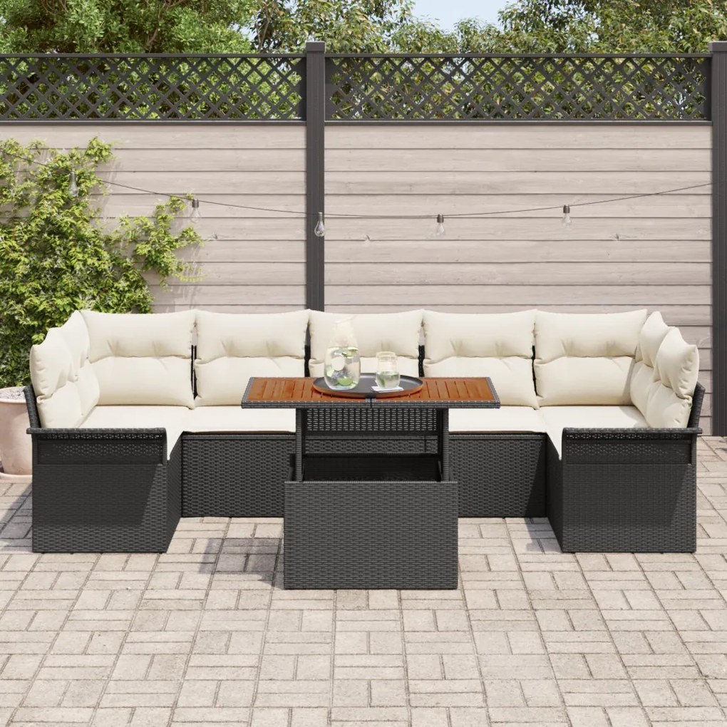 8 Részes Kerti Sofa Szett Párnákkal Fekete Poli Rattan, 2-Személyes Kerti Sofa Tárolóval &amp; Párnákkal Fekete Poli Rattan