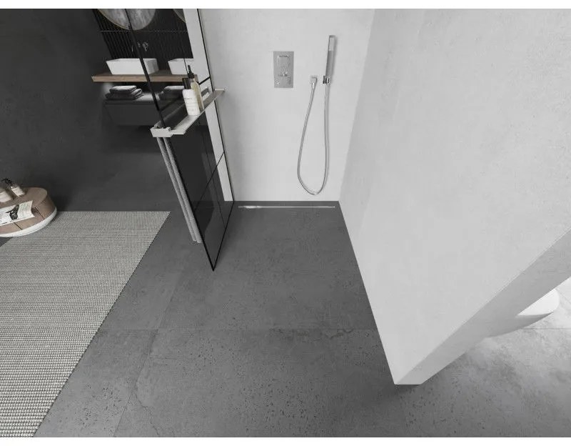 Mexen Kioto+, Walk-In zuhany paraván polccal és akasztóval 80 x 200 cm, 8 mm átlátszó üveg fekete mintás, csiszolt acél profil, 800-080-121-97-77