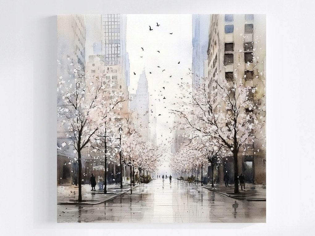 Canvas Városi Sikátor Vászonkép Fehér Virágok Felhőkarcolók Akvarell 40x40