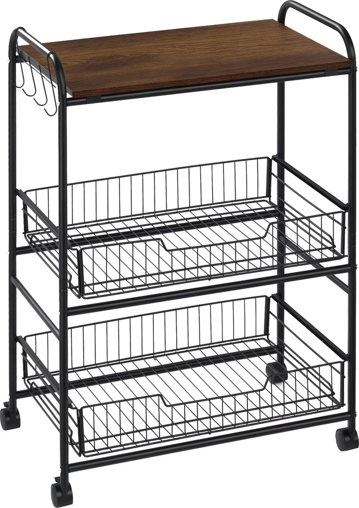 HOMCOM 3-Tier Görgős Használati Kocsi Zöldségtartó 2 Kosárral és 4 Akasztóval Étkezőbe és Nappaliba 60x38x85.5 cm Rusztikus Barna | Aosom