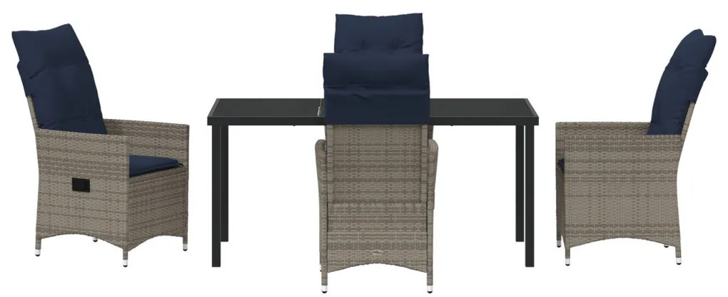 5 darabos kerti étkező garnitúra párnákkal szürke poli rattan, Kerti asztal fekete 160x80x73 cm edzett üveg